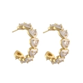 Golden C-shaped hoop earrings with white enamel heart patterns and zircon crystals - 1 Pair / White
