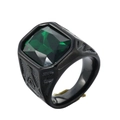 Anello vintage in acciaio nero con gemma verde quadrata e simboli massonici - Misura 7 / Nero/Zircone Verde
