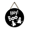 Detail of round wooden Halloween sign with Hey Boo text and cute ghost illustrations - Style R-Hey Boo and Round Head Ghost