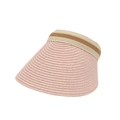 Detalle de visera de paja rosa con banda elástica a rayas para mujer y protección solar - Rosa Claro