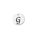 Detailed view of a silver mirror-finish stainless steel round charm with engraved letter G - Letter G