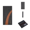 Mens long business wallet in dark grey faux leather with brown stitched curved panel - Black
