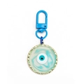 Detailed close-up of blue Turkish Evil Eye keychain with a golden metal rim and plastic hook - Round Light Blue (BE1267LBU00)