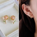French vintage pink tulip earrings with pearl detail and gold leaf, clip-on style - Pink Tulip Pearl Clip-on