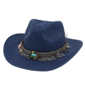 Dark blue straw cowboy hat featuring turquoise stone and bohemian tassel decorations - One Size (56-58cm) / Navy Blue (Ethnic Style)
