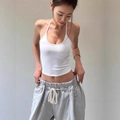 White halter top and grey drawstring sweatpants casual sportswear set on model - XS / White