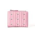 Pink faux leather mini wallet for women featuring delicate white flower embroidery and zipper - Pink