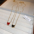 Titanium steel heart pendant necklace in red and black enamel with gold beaded edges - Gold Red Black Double-sided Heart Necklace (HN760-46)