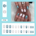 Quadratische Aurora Weiß und Blau Glitzer Kunstnägel mit Strasssteinen 24er Set - Funkelndes Blau-Weiß (Z748)