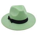 Close-up of mint green wool felt fedora hat with a black grosgrain ribbon and bow detail - One Size / Green