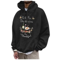 Black fleece hoodie with Eat Pie Drink Wine Be Thankful print and drawstring hood - S / Black Eat Pie Drink Wine (65)