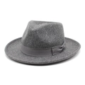 Dettaglio della trama in feltro di lana e del fiocco decorativo su questo cappello fedora grigio - M (56-58cm) / Grigio Melange Scuro