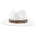 Witte geweven fedora hoed met een luipaardprint band en gouden gesp voor dames - M (56-58cm) / Wit