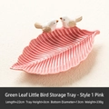 Pink ceramic leaf jewelry tray with white bird accents for stylish Nordic home storage - Green Leaf Bird Tray - Style 1 Pink
