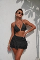 Detail of black bikini with ruffled triangle cups and side-tie lace layered mesh skirt - Black