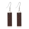Close-up of retro rectangular dark wood dangle earrings with silver metal hooks - Style 20