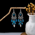 Bohemian retro drop earrings with blue turquoise beads and silver tassel detail - E5875-2 (Retro Silver Blue Beaded)