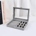 Gray velvet jewelry box with glass lid, ring slots and nine compartments for storage - 9 Grids / Gray