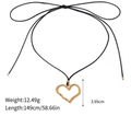 Long black string necklace with a golden hollow heart pendant in a liquid metal style - Liquid Heart Rope Chain (SEg)