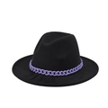 Detail of a black felt fedora hat featuring a stylish purple chunky plastic chain decoration - Black (09)