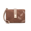 Brown faux leather bifold wallet featuring leaf prints and a detachable wristlet strap - Brown