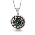 Silver stainless steel compass pendant necklace with engraved stars and black dial face - Compass Star Style (KP55735-BD)