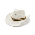 White woven cowboy straw hat with hollow patterns and a brown decorative leather band - M (56-58cm) / White
