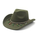 Detail of olive green wool cowboy hat featuring ethnic woven band and colorful beads - M (56-58cm) / Army Green