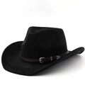 Classico cappello da cowboy in pelle scamosciata nera con cinturino in cuoio vintage - Nero