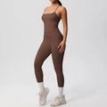 Detail view of brown yoga set with high-waist leggings and cross-back sports bra - S / Chestnut Brown