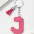 Pink PU leather letter J keychain with matching tassel and gold-tone metal ring - Pink-Letter J