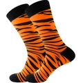 Vibrant orange crew socks featuring bold black tiger stripes and solid black accents - Size 39-45 / Tiger Print