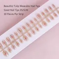 Detail of pink gradient press-on nails with hand-painted tulip floral patterns on display card - Tulip Cat Eye Blush Style (MY030-T) / 30 Packs