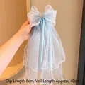 Hellblaue Tüll-Haarschleife mit Schneeflocken-Edelstein und langen Bändern - 5# Schneeflocke Blau Schleier-Haarclip