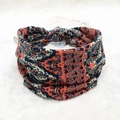 Bohemian paisley elastic wide headband in orange, blue and beige knit fabric - 98