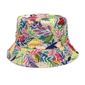 Gros plan du motif de feuilles tropicales et des coutures sur un bob en coton blanc - M (56-58cm) / Imprimé Feuilles Tropicales Blanc (2#)
