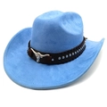 Detail of light blue suede cowboy hat with silver bull head buckle and metal rivets - Haze Blue / M (56-58cm)