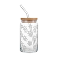 Thickened glass can cup with bamboo lid and glass straw featuring white paw prints pattern - Cat Paw