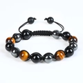 Detailed close-up of woven tiger eye and obsidian stone bead bracelet with black cord - 3A 10mm Single Layer Tiger Eye + Black Glass Beads + Hematite