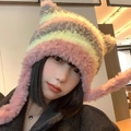 Pink yellow and grey tricolor patchwork plush cat ear hat for winter warmth - Cat Ear Hat Pink Yellow Grey