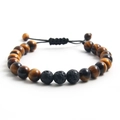 Detail of adjustable braided rope bracelet with 8mm tiger eye and volcanic stone beads - Yellow Tiger Eye + Lava Stone (NR12-10)