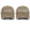 Close-up of PAPA and MAMA white embroidery on vintage washed cotton baseball caps - Khaki PAPA+MAMA (2-Piece Set)