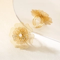 Bague fleur dorée vintage avec perle et design ajustable à double anneau - Style Perle Creuse à Double Anneau (KR113313-SP)