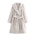 Detail shot of oatmeal hooded wool coat with black buttons and detachable waist belt - S / Beige