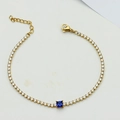 Gold tennis bracelet featuring white zircons and a central square blue gemstone - Square Blue Bracelet