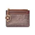 Slim card holder with brown leather and grey denim fabric featuring a gold zipper and chain - Brown