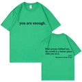T-shirt en coton vert herbe à col rond avec message positif, vue de face et de dos - S / Hauts / Vert