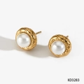 Golden circular pearl earrings with quilted metal texture and white inlay, model KD3283 - Gold Earrings (KD3283)