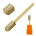 Detailed macro view of a gold alloy cylindrical nail drill bit with cross-cut texture - Gold Nail Drill Bit 02