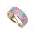 Golden enamel open ring with pink blue waves and three white zircon accents - Adjustable Open / Pink